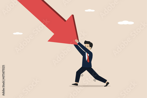 Protection or defensive stocks in economic crisis or market crash, business resilience to survive adversity, businessman resists downturn arrow graph.