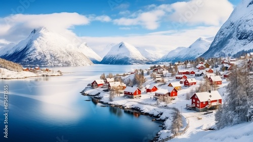 Stunning winter scenery with traditional Norwegian red wooden houses on Valberg village at Lofotens. Location: Vestvagoy, Rolvsfjord, Lofotens, Norway, Europe. photo
