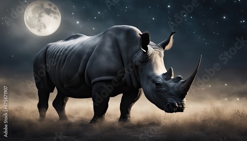 A solitary black rhinoceros under the night sky