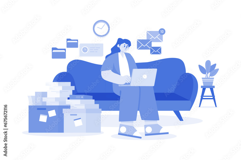 Woman Employee Working From Home While Seating On The Couch Woman Employee Working From Home While Seating On The Couch