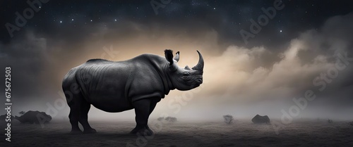 A solitary black rhinoceros under the night sky