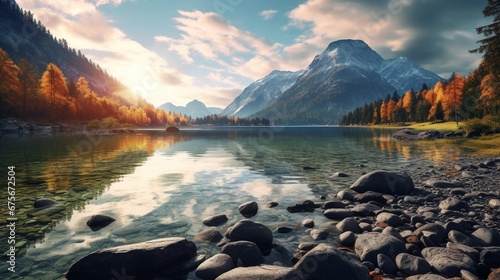 Wonderful autumn sunrise of Hintersee lake. Amazing morning view of Bavarian Alps on the Austrian border, Germany, Europe. Beauty of nature concept background.