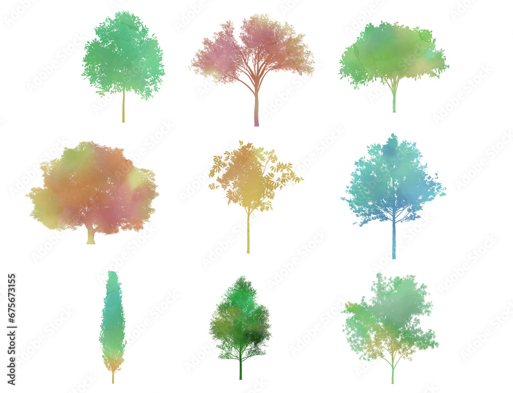 Set Of Trees Watercolor. watercolor style cartoon illustration of boho