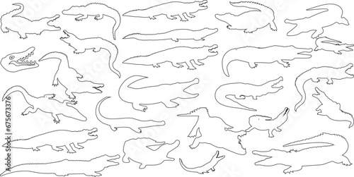 Crocodile, Alligator vector illustration, black and white outlines. Perfect for children’s books, coloring pages, educational materials. Features Nile, American, Chinese, freshwater, saltwater species