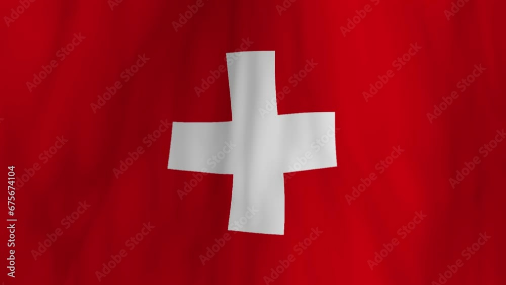 Flag of Switzerland on a pole waving in the wind against a blue sky background