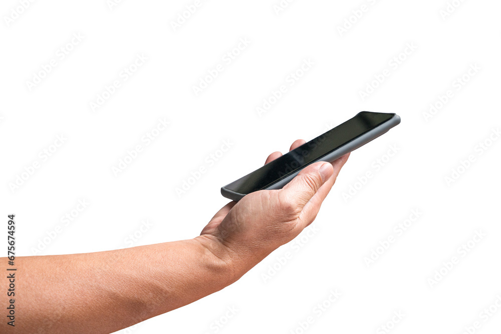 Man holding a cellphone, close up and side view. Isolated, on transparent background. Man holding a cellphone, close up and side view. Isolated, on transparent background.