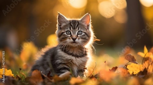 A Cute kitten playing with yellow autumn leaves at sunset. the backyard The background of the photo is a relaxing environment in the backyard. © Phoophinyo