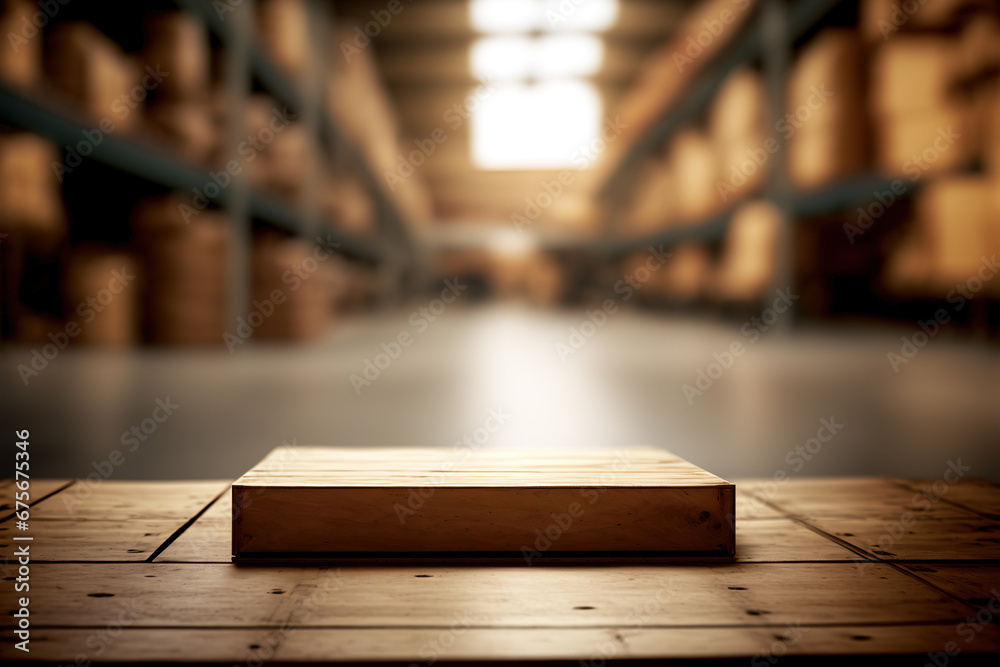 Empty wooden pallet on blurred warehouse background. Flawless generative ai