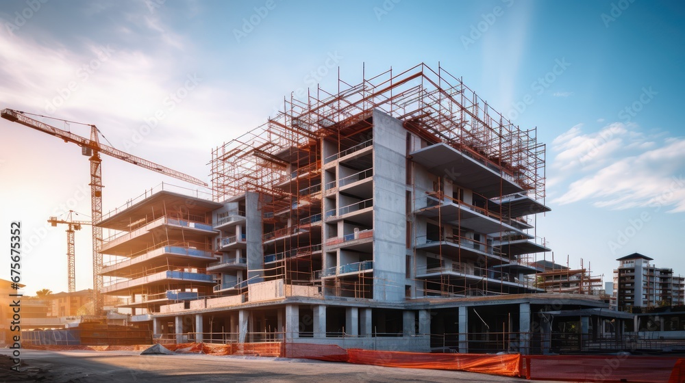 Construction background: A Construction site of large residential commercial building, some already built, large metal structure with bright sky background. Construction background: A Construction site of large residential commercial building, some already built, large metal structure with bright sky background.