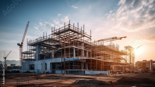 Construction background: A Construction site of large residential commercial building, some already built, large metal structure with bright sky background.