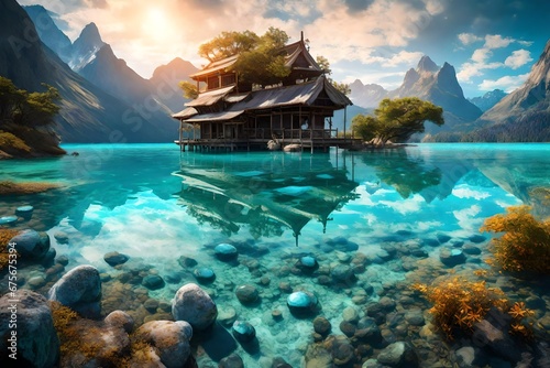 a picture of crystal water with exotic scenes