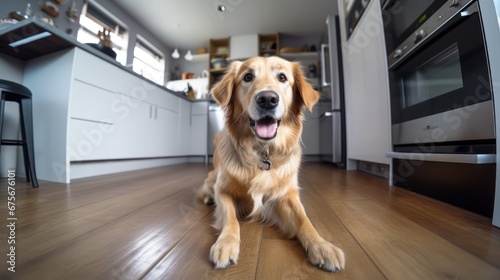 A dog sits on the kitchen floor looking at you pleadingly. Fish-eye lens. High-angle camera. © Phoophinyo