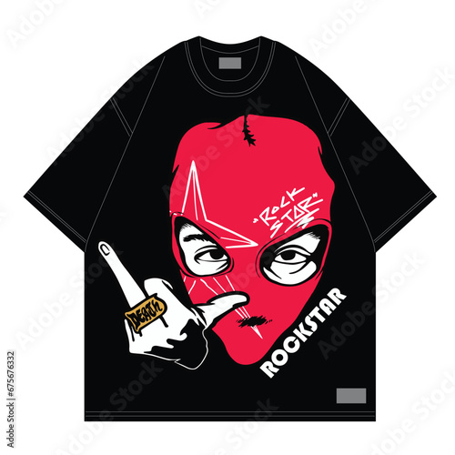 red balaclava with hand gesture design tshirt for streetwear style and brand