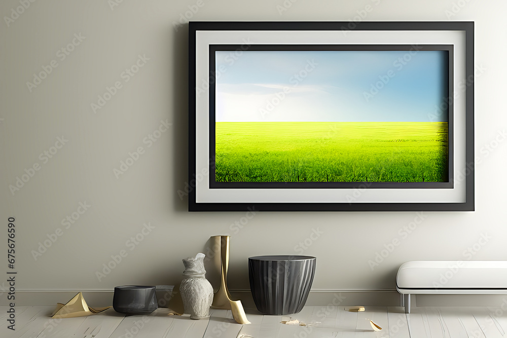 Fototapeta premium Podium Display Home office concept, picture frame mockup, wall background, Elegant working space, interior design