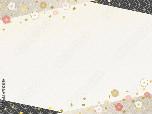 和風の背景素材、金と黒の華やかな紙吹雪の枠、年末年始やお正月のバナーに
