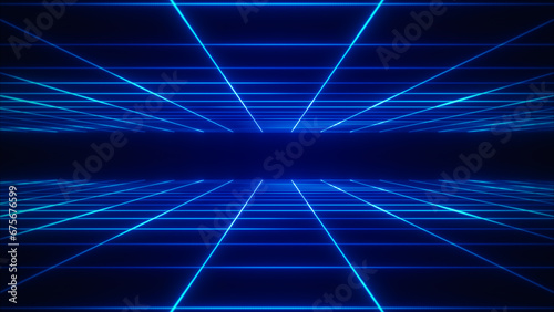 Abstract sci-fi grid neon retro tunnel background photo