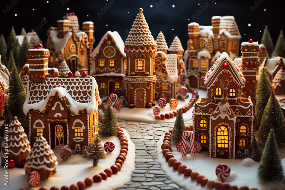 Naklejka premium christmas village with gingerbread houses and trees
