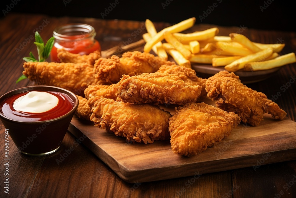 Crispy fried chicken tenders and french fries on wooden table - obrazy, fototapety, plakaty 
