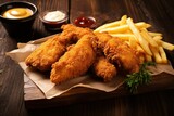 Crispy fried chicken tenders and french fries on wooden table