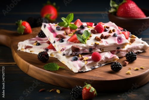 Delicious dessert yogurt bark on a wooden board