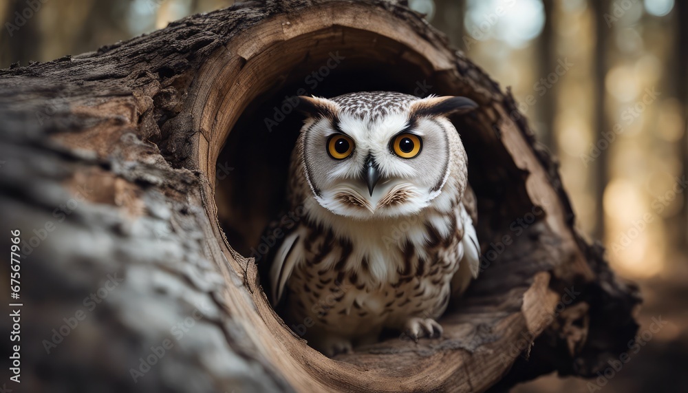 An owl peeking out from a cavity in a log An owl peeking out from a cavity in a log