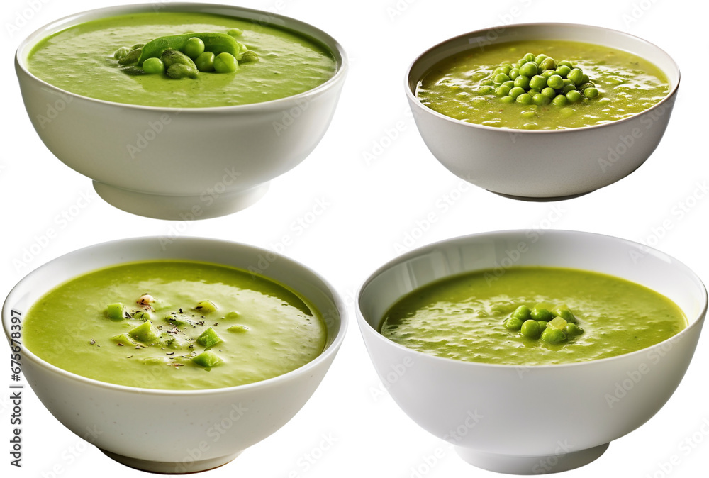 side view of plates filled with pea soup side view of plates filled with pea soup