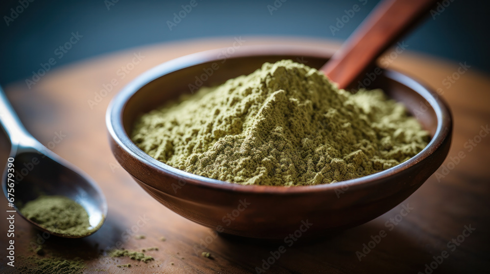 Composition with hemp protein powder and seeds on wooden table , closeup Composition with hemp protein powder and seeds on wooden table , closeup