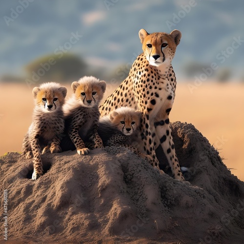 a female cheetah and her three cubs sitting on a mound