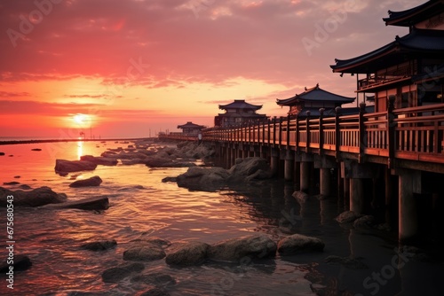 a sunset over water next to a bridge  in the style of chinese tradition