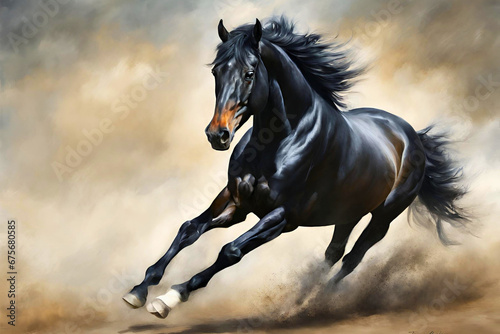 Beautiful Arabian black horse digital art. Scenic photography of oil color painting racing black horse for background, wallpaper, postcard, wall art and other designs. © Thanvarat