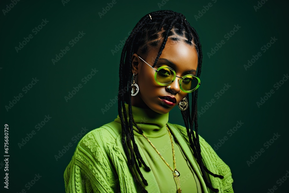 the woman has dreadlocks wearing green costume standing in a green background.