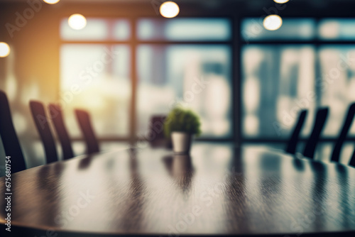 Table-top view on empty spacious meeting table for product display on blurred conference room background. Wooden table in the boardroom in corporate environment for. Flawless generative ai