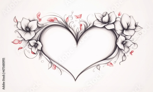 Elegant heart shaped floral design with blooming flowers and flying petals  a romantic symbol drawn in a monochrome style with a hint of red  ideal for love-themed projects and Valentine s Day