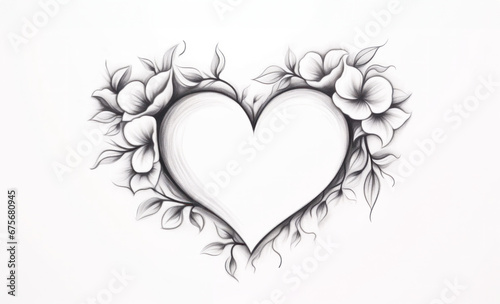 Artistic monochrome illustration of a heart framed by floral elements, symbolizing love, romance, and affection, perfect for greeting cards and romantic designs