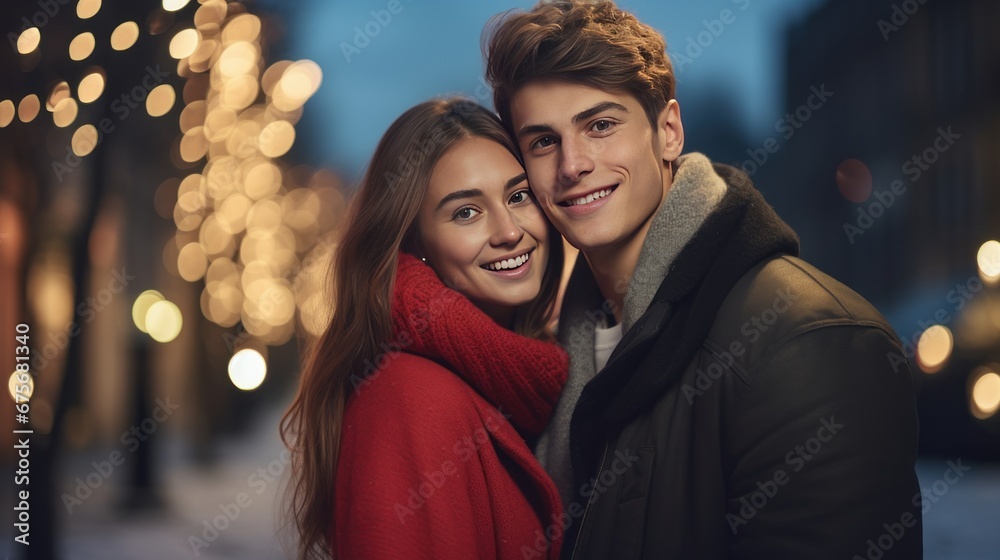 Happy couple celebrating christmas together in modern city. Xmas Happy new year blurred bokeh background. Happy couple celebrating christmas together in modern city. Xmas Happy new year blurred bokeh background.