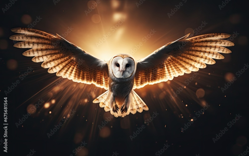 the owl flying over sunset.  - obrazy, fototapety, plakaty 