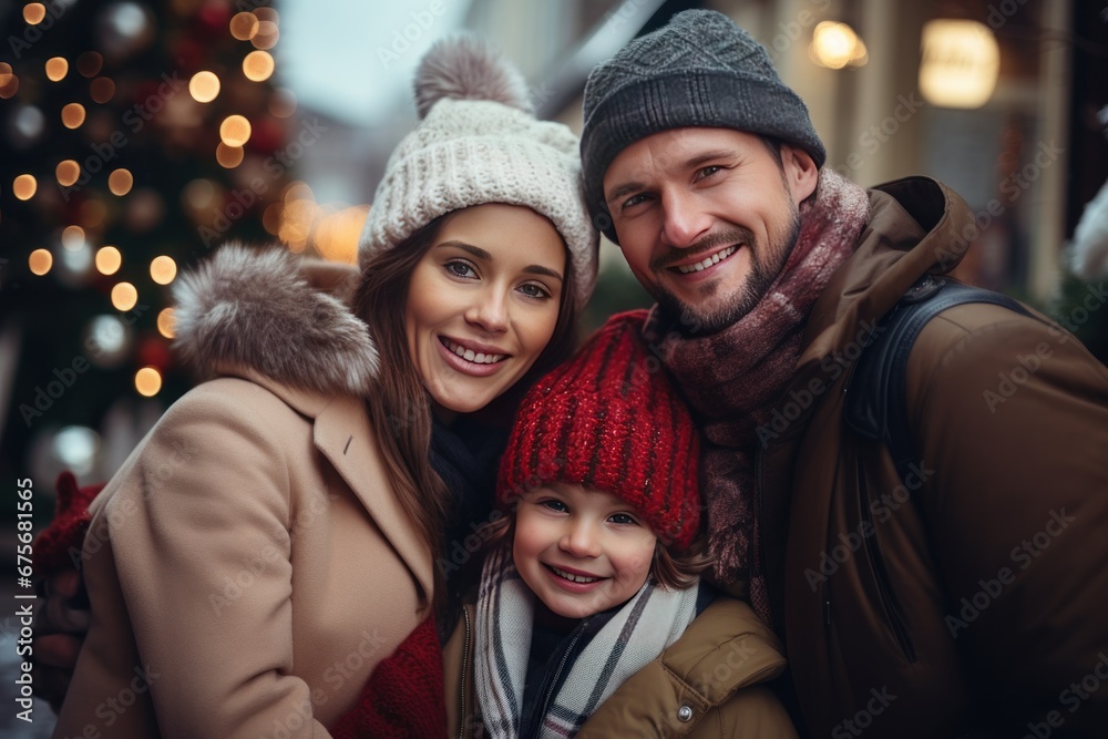 Fototapeta premium Happy family celebrating christmas together in the city. Xmas Happy new year blurred bokeh background.