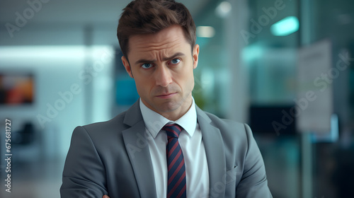 Professional giving a side-eye distrustful bright corporate background. Upset boss, manager or CEO in suit angry looking at the camera