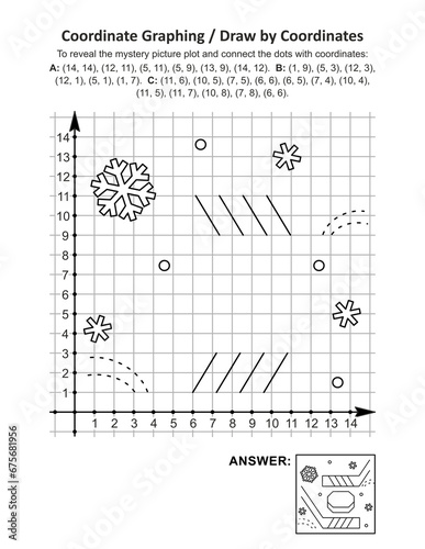 Coordinate graphing, or draw by coordinates, math worksheet with hockey stick and puck: To reveal the mystery picture plot and connect the dots with given coordinates. Answer included.
 photo