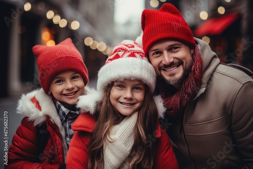 Happy family celebrating christmas together in the city. Xmas Happy new year blurred bokeh background.