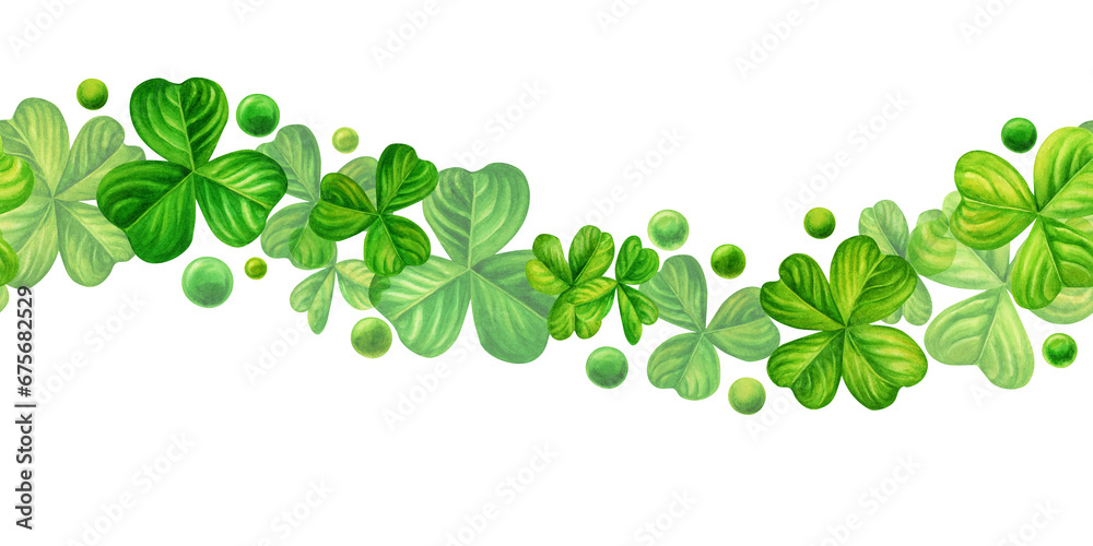 Watercolor green shamrock seamless banner for background design illustrations of spring, St Patrick, green grass, summer greenery