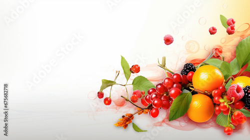 A bunch of fruits on a white background with a picture of a fruit and leaves
