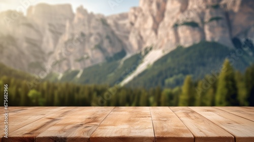 The empty wooden brown table top with blur background of dolomite mountain. Exuberant image. generative AI