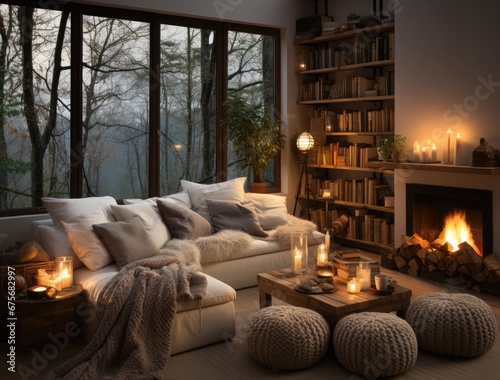 Immerse yourself in the warmth and comfort of a cozy tiny home living room with a crackling fireplace and plush cushions that invite you to relax and unwind