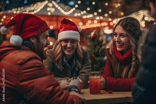 Group of happy friends celebrating christmas together in the city. Xmas Happy new year blurred bokeh background.