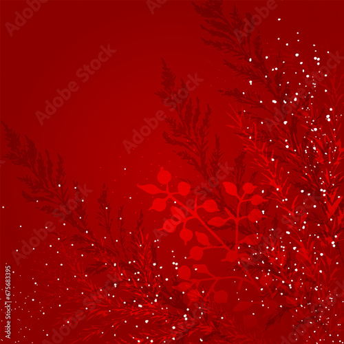 Winter Christmas background. Winter berries, plants, snow on a red background. A layout for the design of Christmas and New Year's greeting, a festive cover.