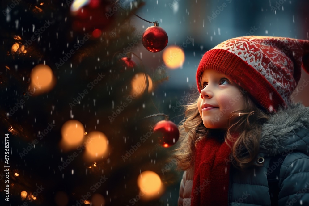 Happy kid celebrating christmas in the city. Xmas Happy new year blurred bokeh background. Happy kid celebrating christmas in the city. Xmas Happy new year blurred bokeh background.