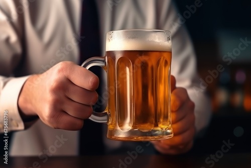 A business man holding a glass of cold beer. Generative AI