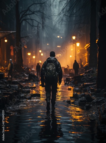 Dangerous city street at night, illuminated by flickering neon lights. A group of people cautiously walks amidst the urban decay and debris, uncovering the gritty reality of an apocalyptic world