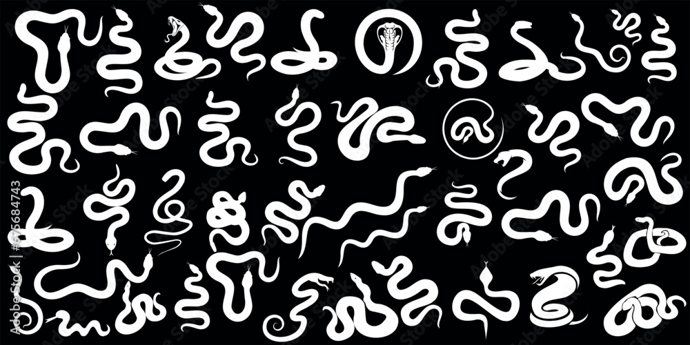 Snake vector illustration, white on black. Diverse styles: abstract, doodle, sketch, line art, silhouette, tribal. Ideal for tattoo, ethnic designs, apparel, home decor, stationery, web design.